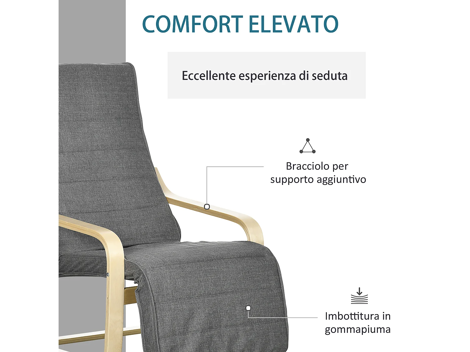 Poltrona moderna con poggiapiedi 5 livelli e poggiatesta grigio