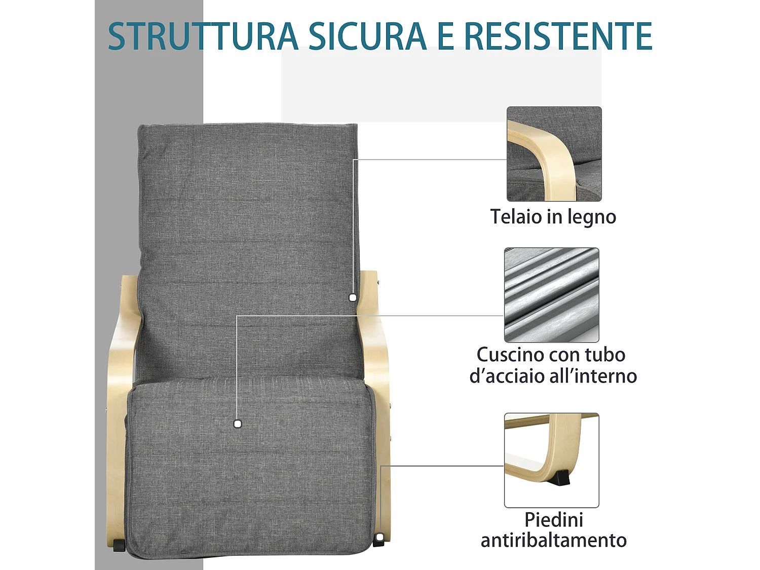 Poltrona moderna con poggiapiedi 5 livelli e poggiatesta grigio