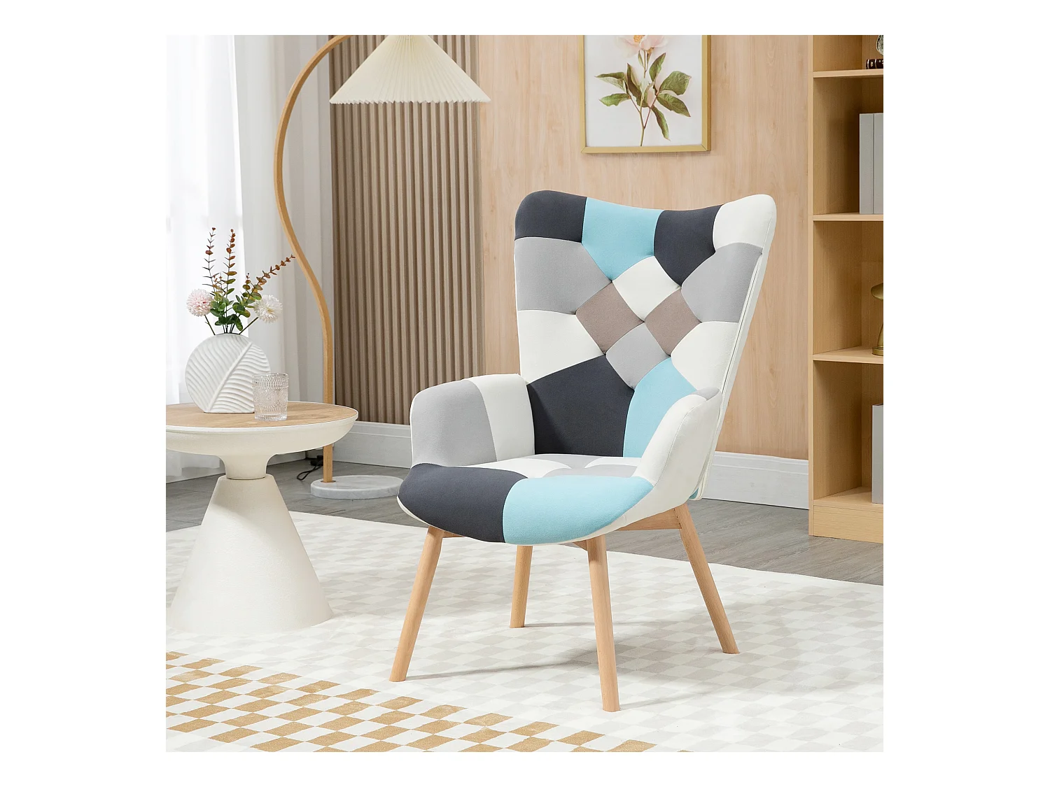 Poltroncina da camera in velluto trapuntato e gambe in legno