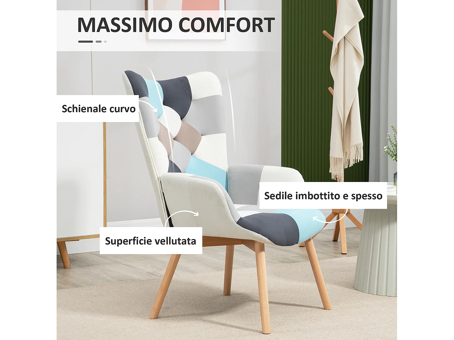 Poltroncina da camera in velluto trapuntato e gambe in legno