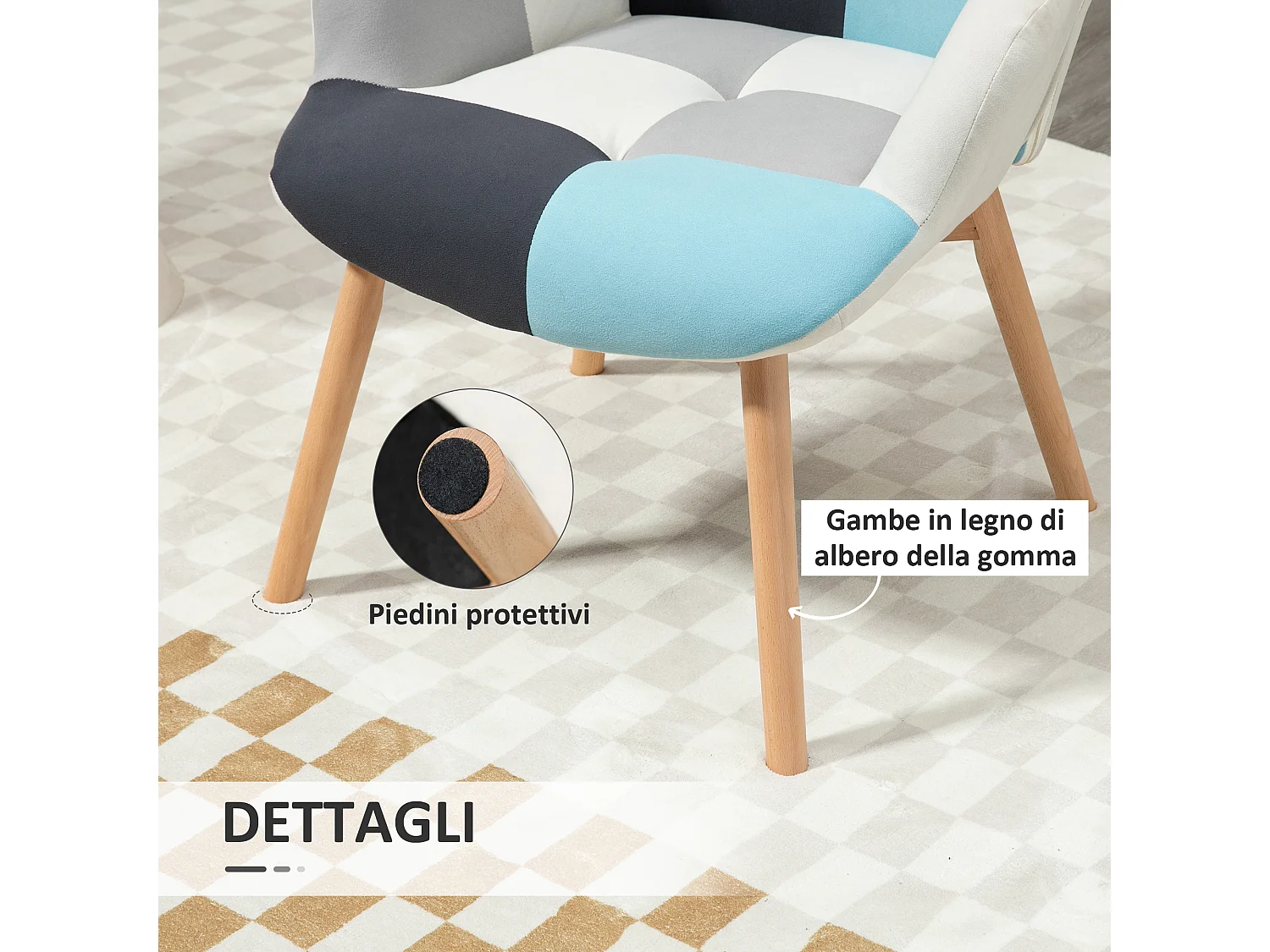 Poltroncina da camera in velluto trapuntato e gambe in legno