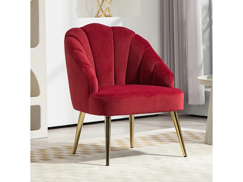 Poltroncina da camera con schienale a conchiglia in velluto rosso