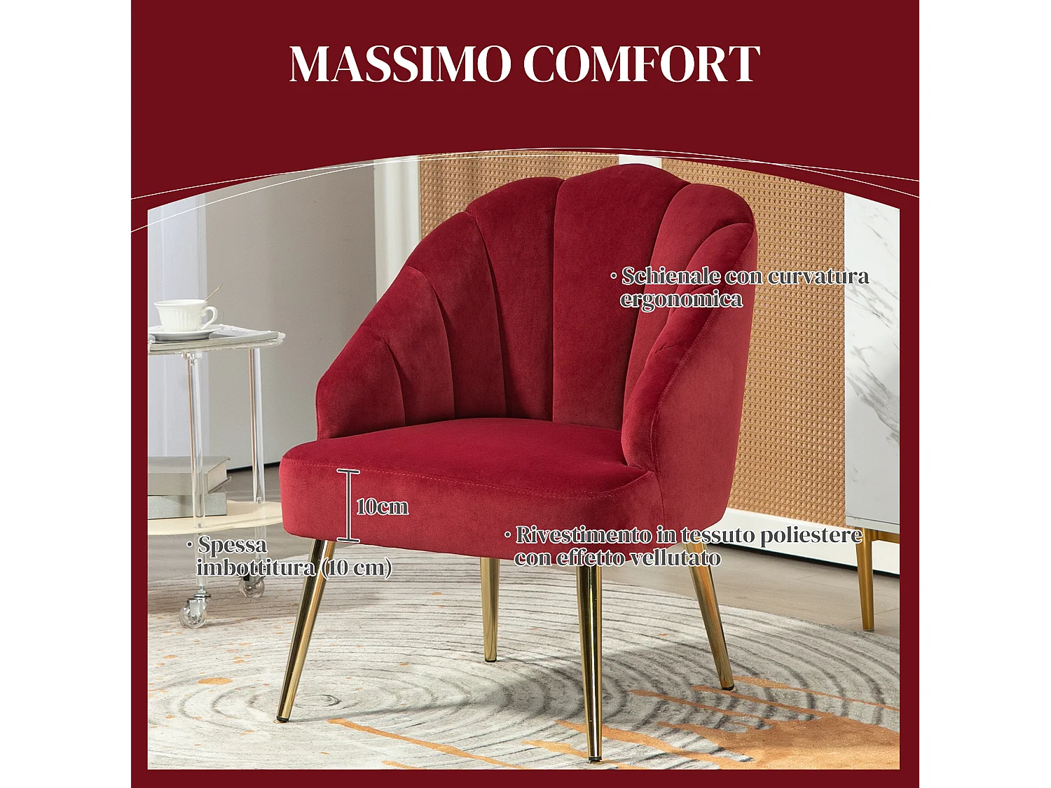 Poltroncina da camera con schienale a conchiglia in velluto rosso