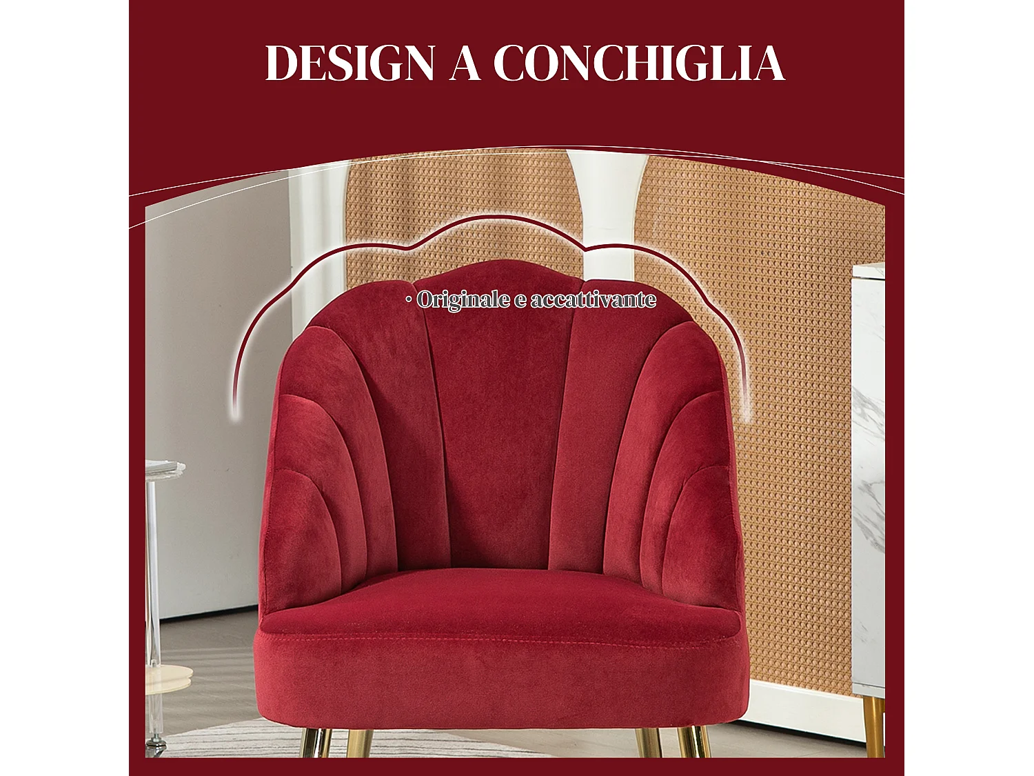 Poltroncina da camera con schienale a conchiglia in velluto rosso