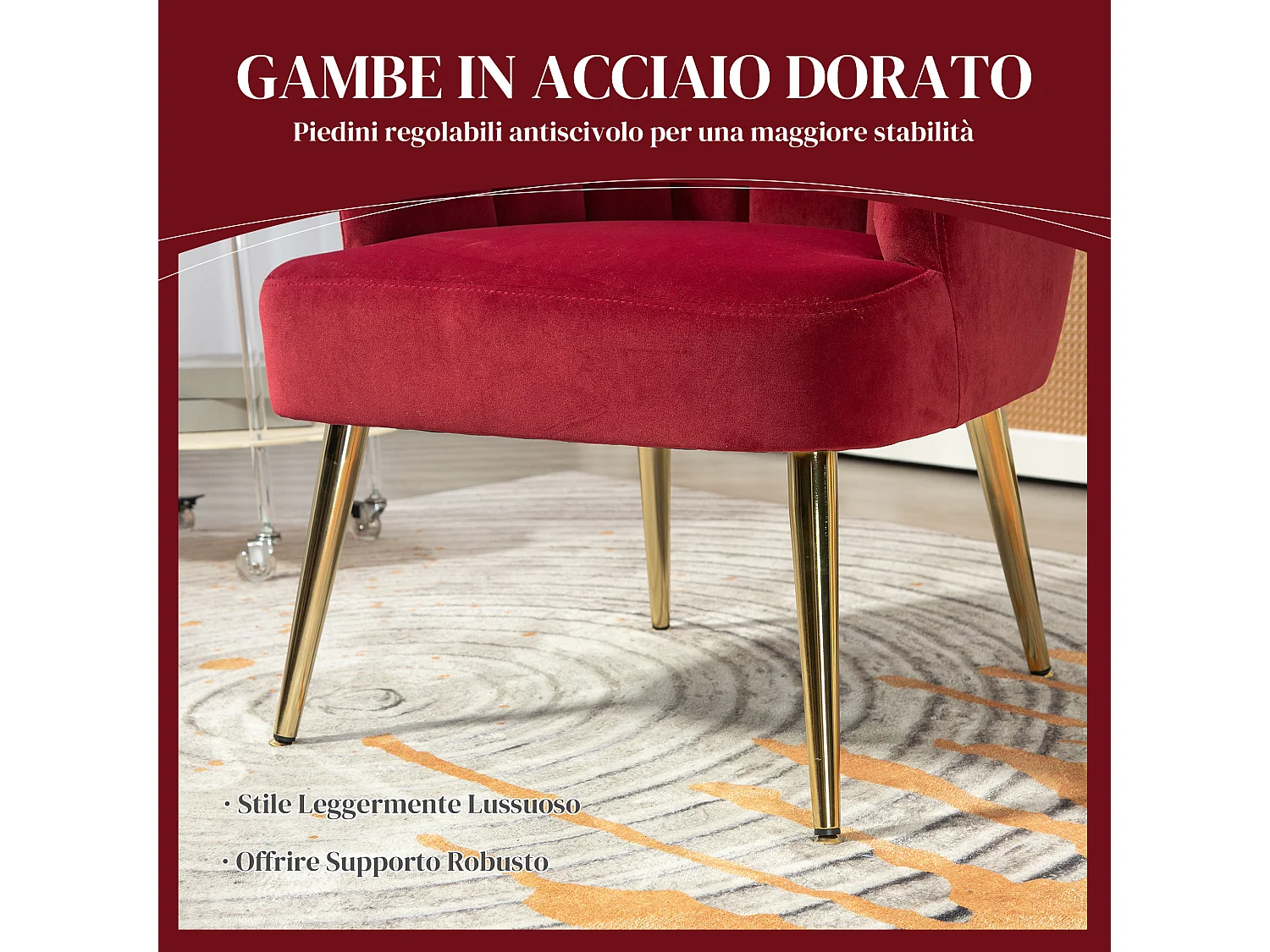 Poltroncina da camera con schienale a conchiglia in velluto rosso