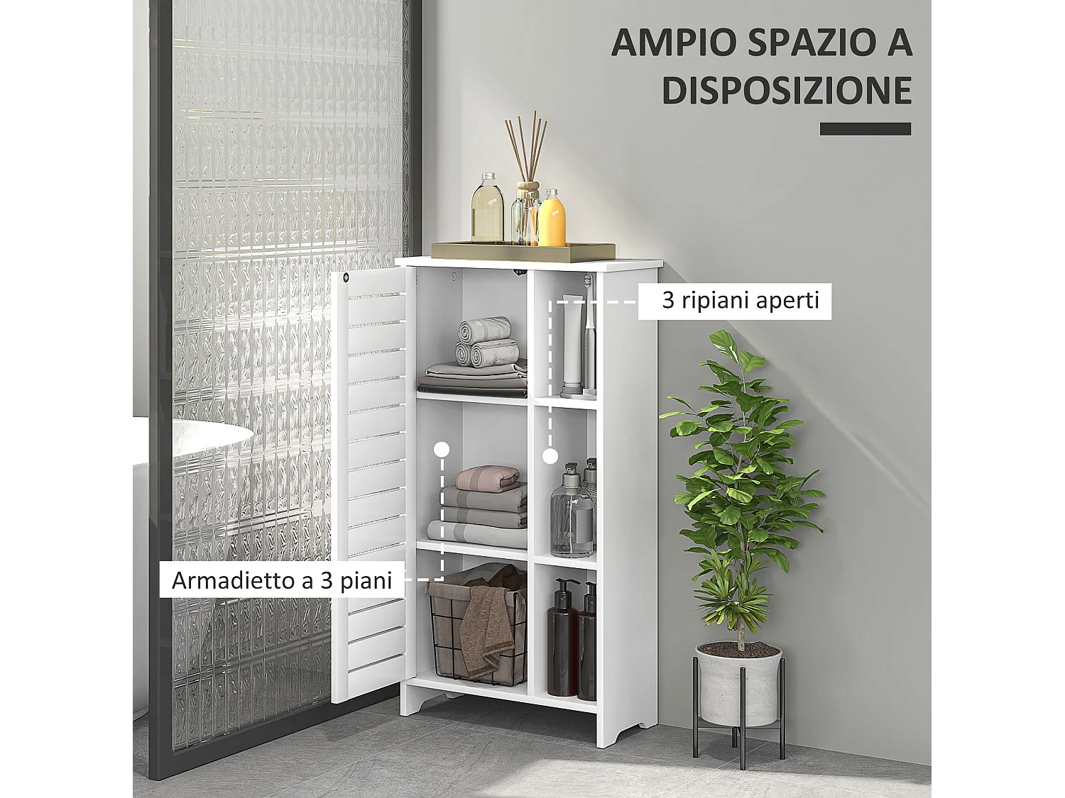 Mobile bagno con armadietto a 3 livelli e 3 ripiani aperti bianco