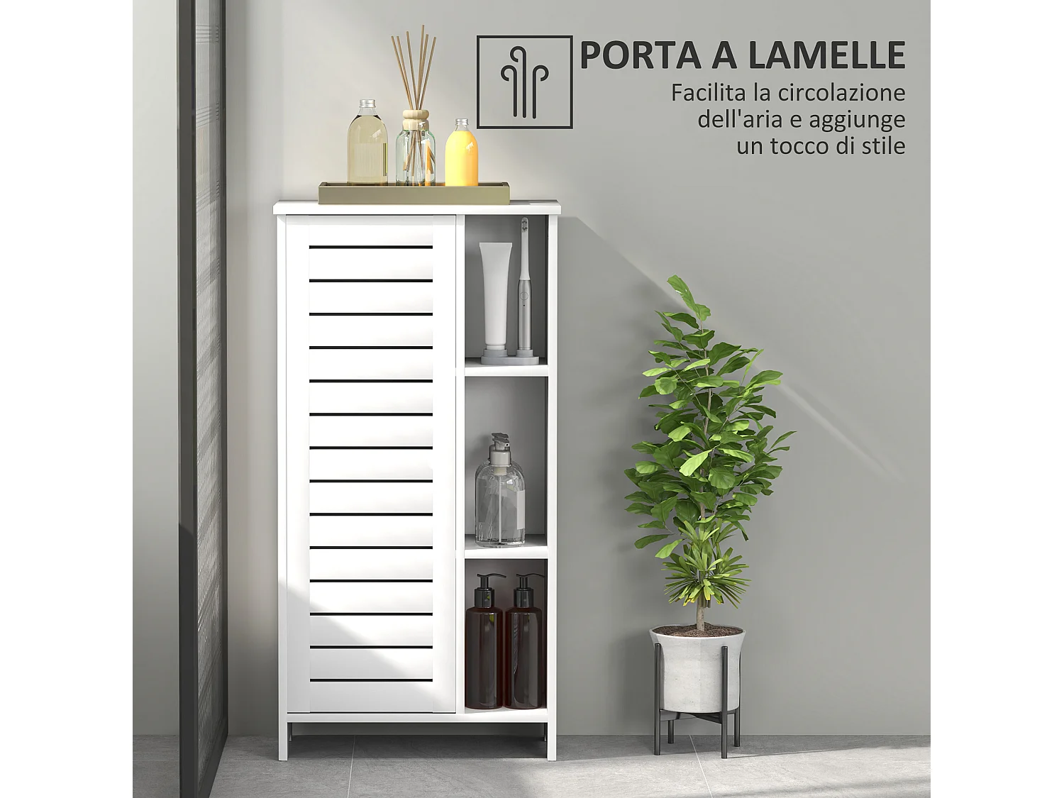 Mobile bagno con armadietto a 3 livelli e 3 ripiani aperti bianco