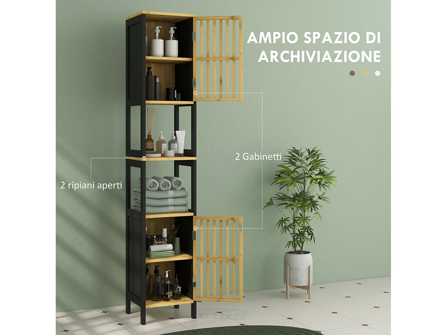 Mobiletto bagno a 2 ripiani e 2 armadietti a doghe nero e color legno