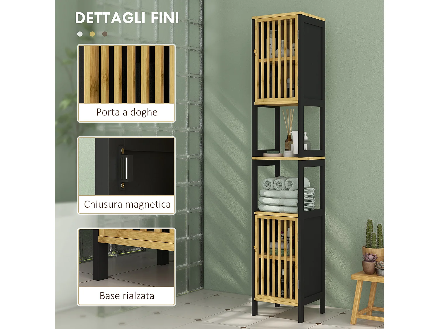 Mobiletto bagno a 2 ripiani e 2 armadietti a doghe nero e color legno