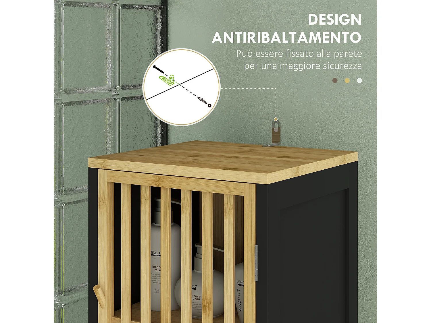 Mobiletto bagno a 2 ripiani e 2 armadietti a doghe nero e color legno