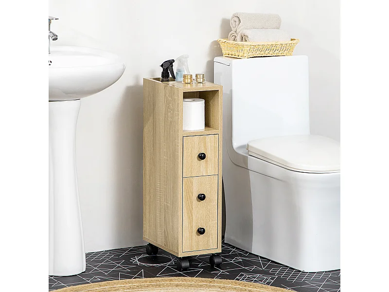 Armadietto da bagno a colonna con ruote e cassetto legno color rovere