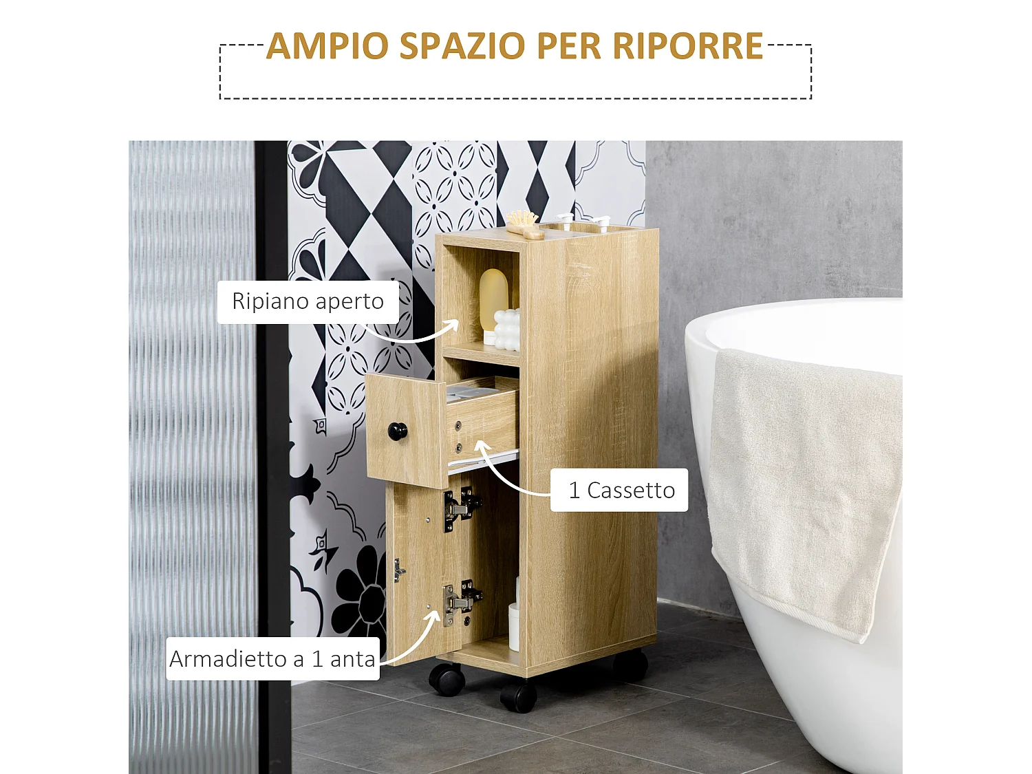 Armadietto da bagno a colonna con ruote e cassetto legno color rovere