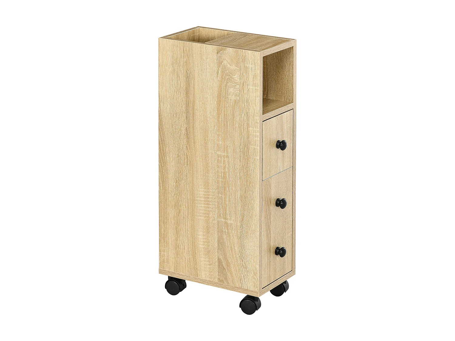 Armadietto da bagno a colonna con ruote e cassetto legno color rovere