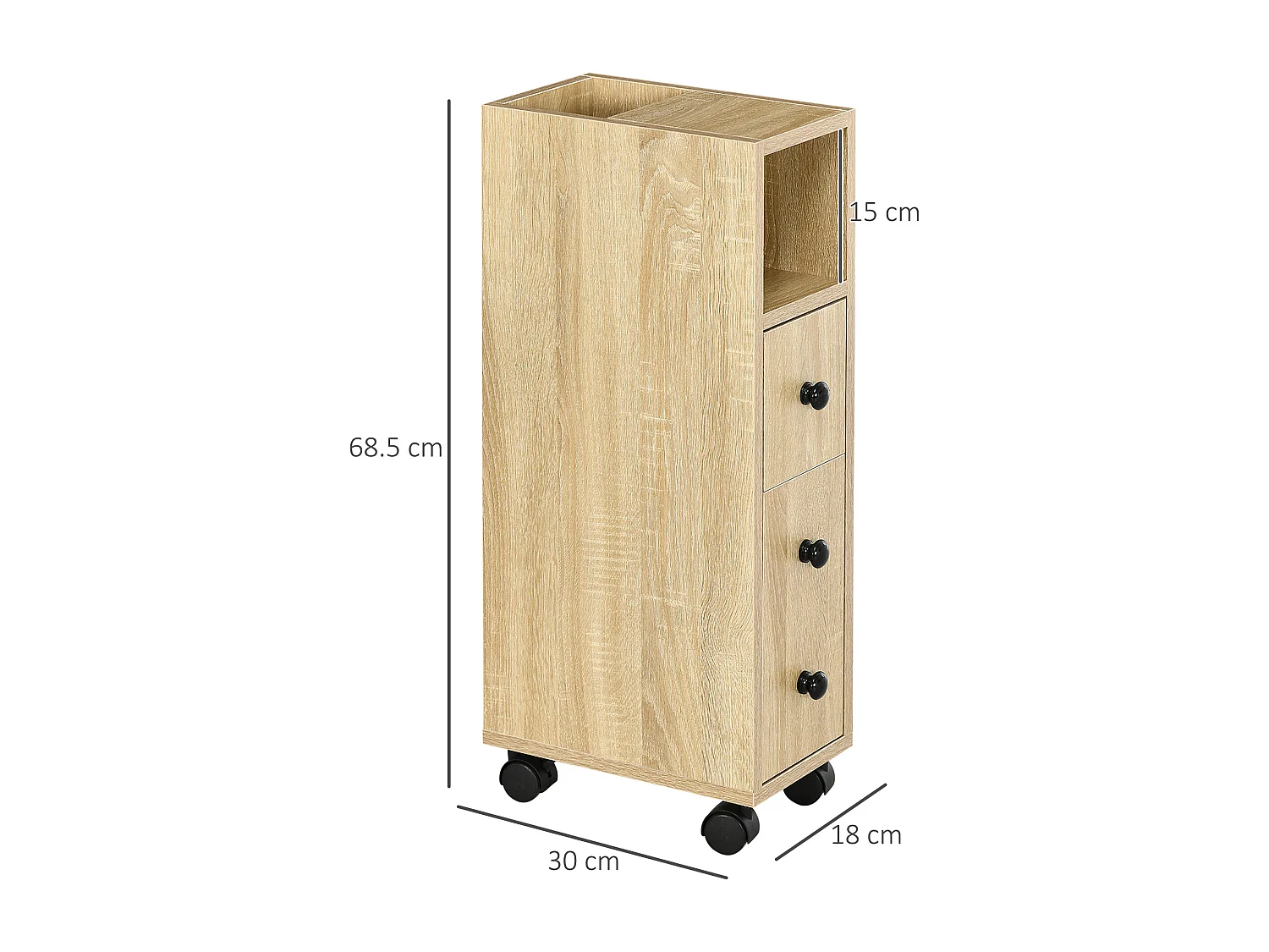 Armadietto da bagno a colonna con ruote e cassetto legno color rovere