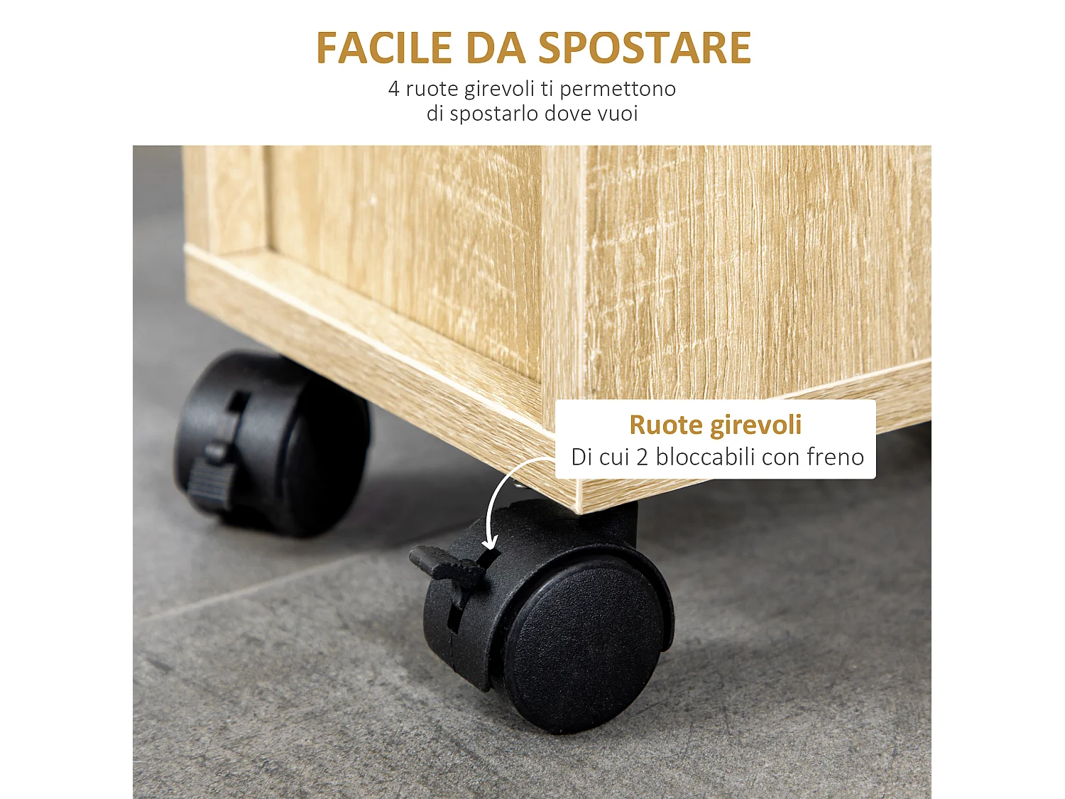 Armadietto da bagno a colonna con ruote e cassetto legno color rovere