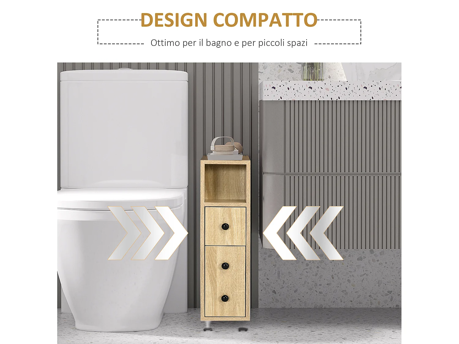 Armadietto da bagno a colonna con ruote e cassetto legno color rovere