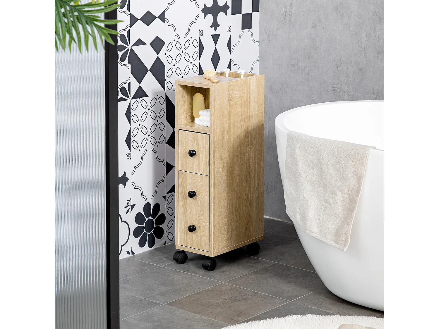 Armadietto da bagno a colonna con ruote e cassetto legno color rovere