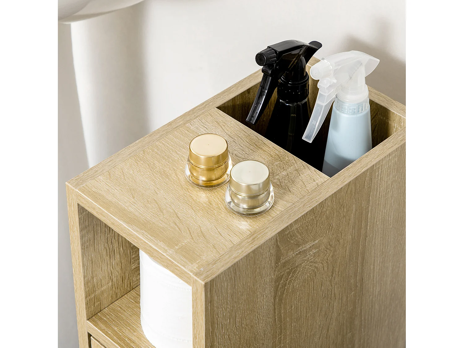 Armadietto da bagno a colonna con ruote e cassetto legno color rovere