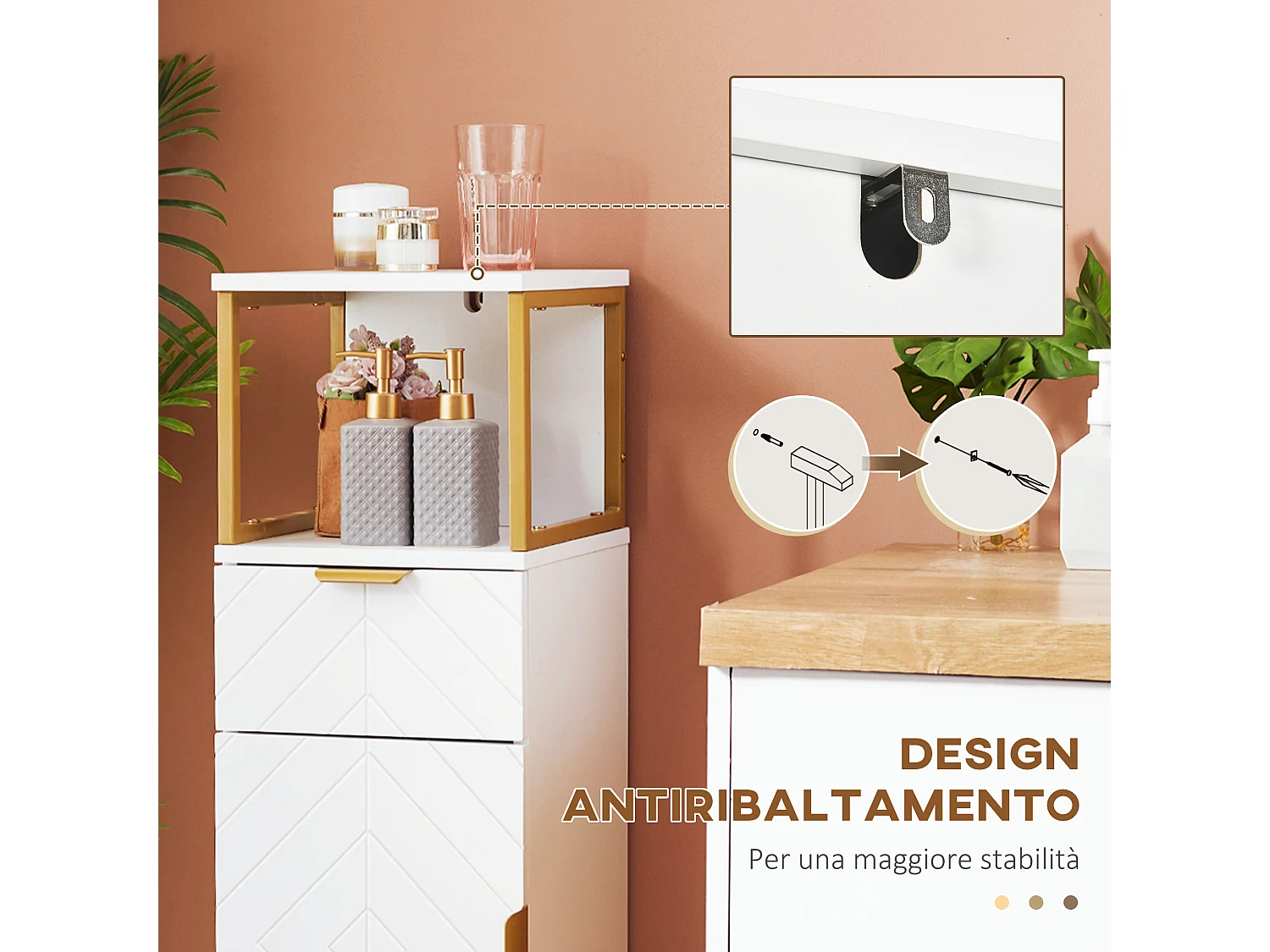 Mobile bagno con armadietto e cassetto in legno e metallo