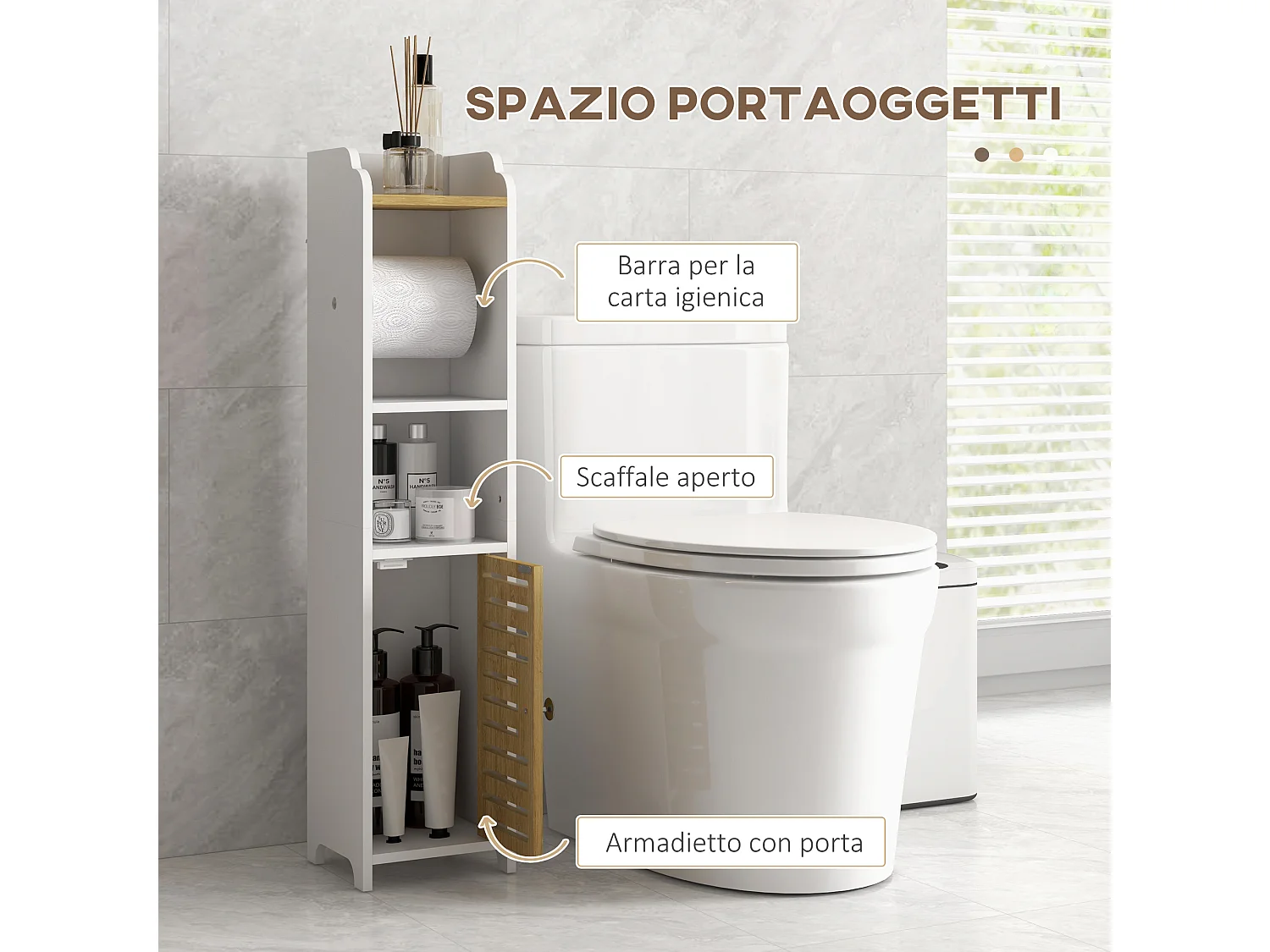 Mobiletto bagno salvaspazio con ripiani e armadietto bianco