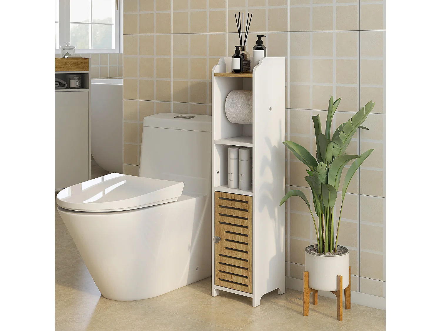 Mobiletto bagno salvaspazio con ripiani e armadietto bianco