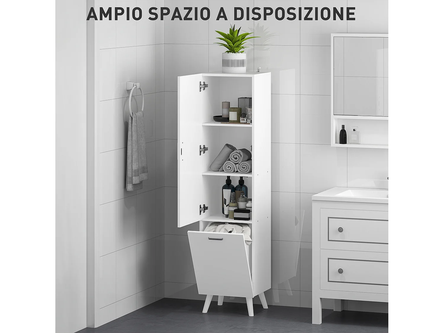 Mobile bagno con armadietto a 3 ripiani e mobiletto inferiore bianco