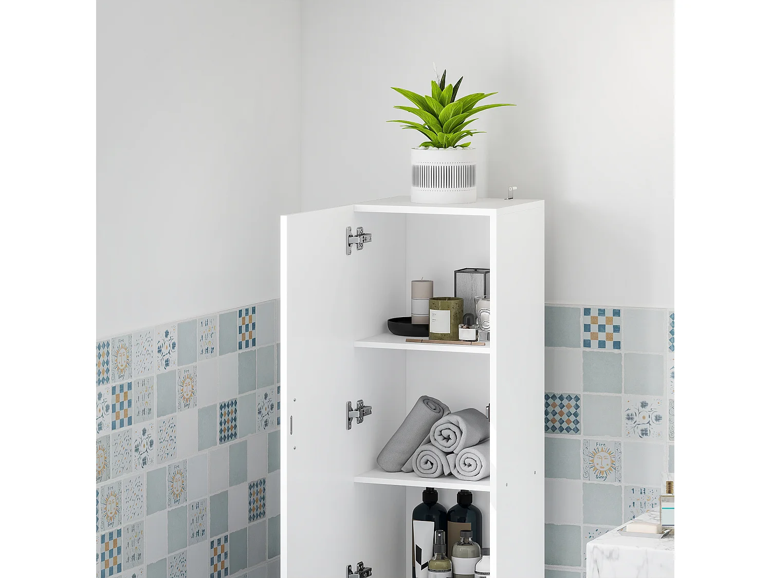 Mobile bagno con armadietto a 3 ripiani e mobiletto inferiore bianco