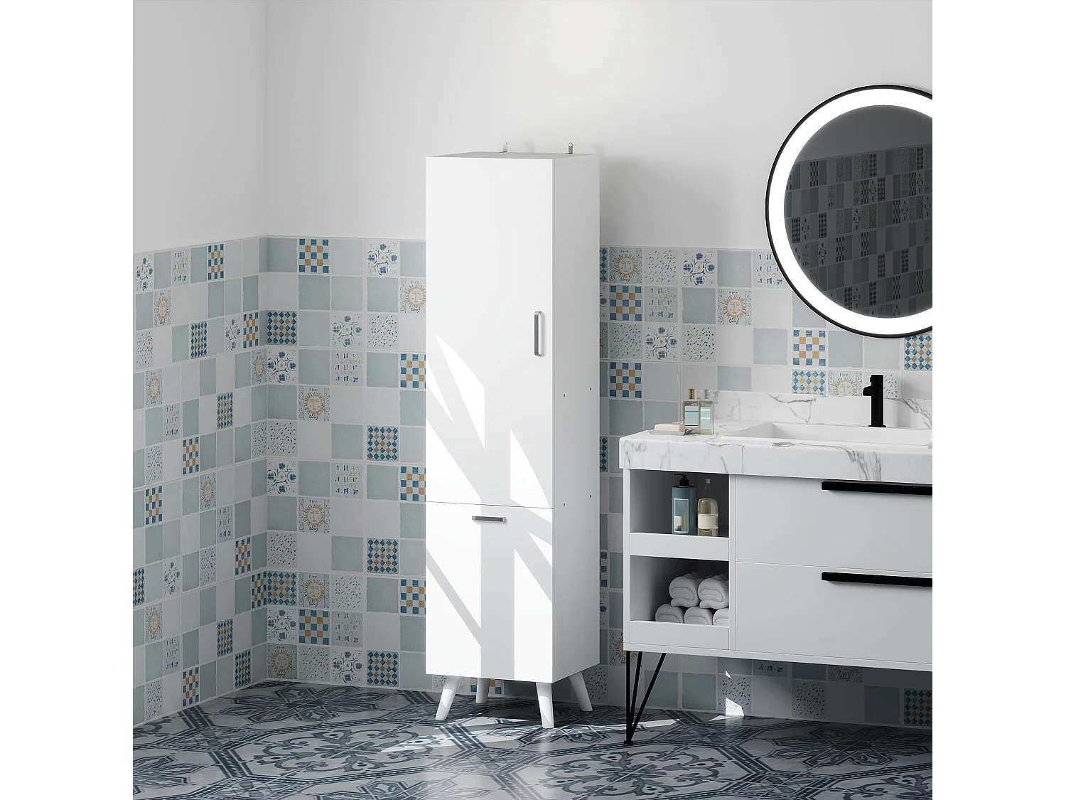 Mobile bagno con armadietto a 3 ripiani e mobiletto inferiore bianco