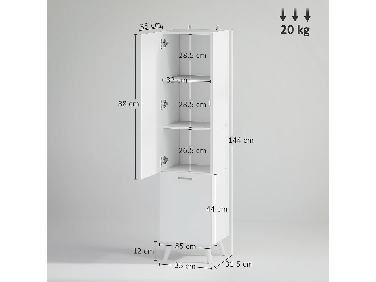 Mobile bagno con armadietto a 3 ripiani e mobiletto inferiore bianco