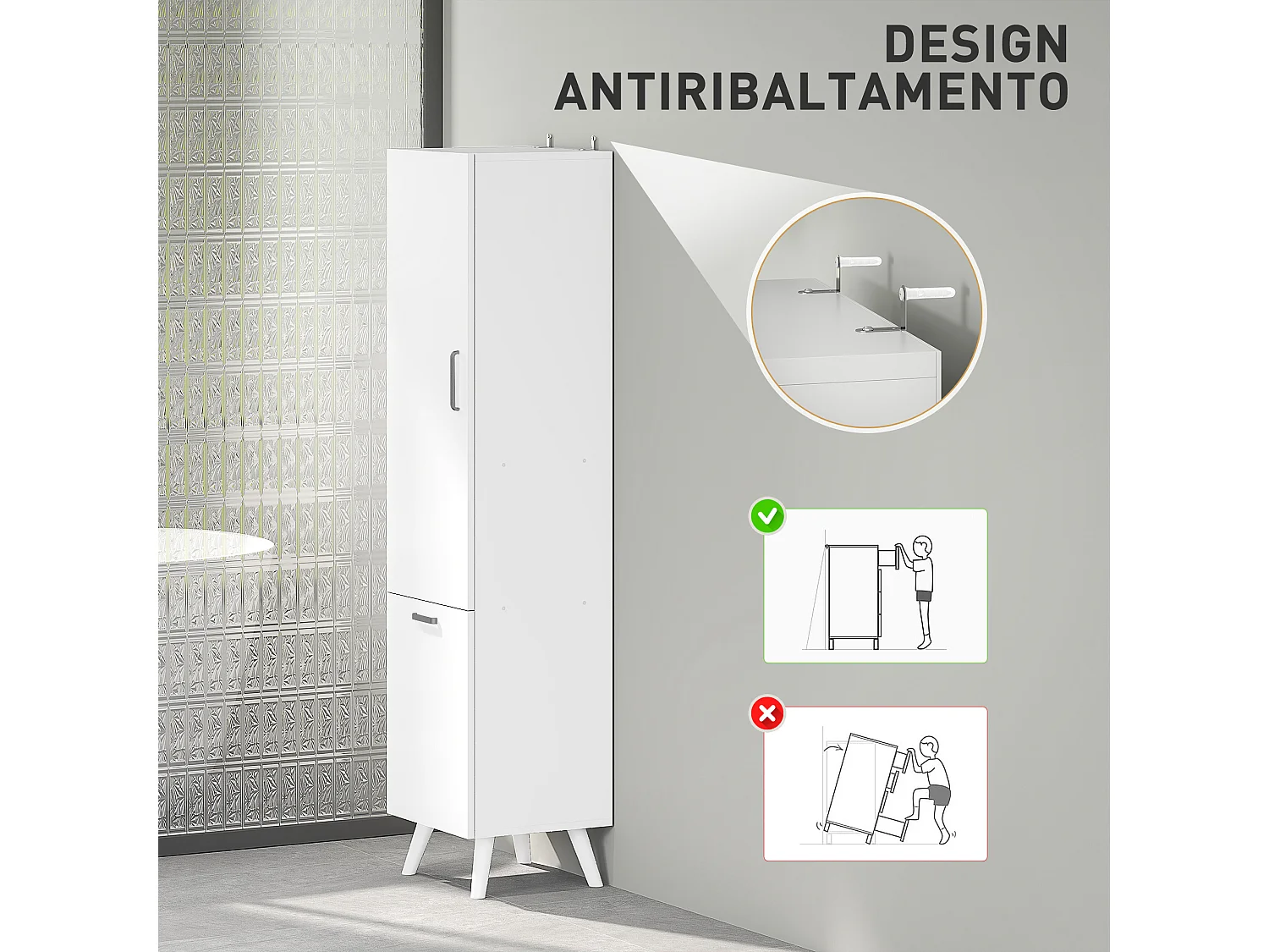 Mobile bagno con armadietto a 3 ripiani e mobiletto inferiore bianco