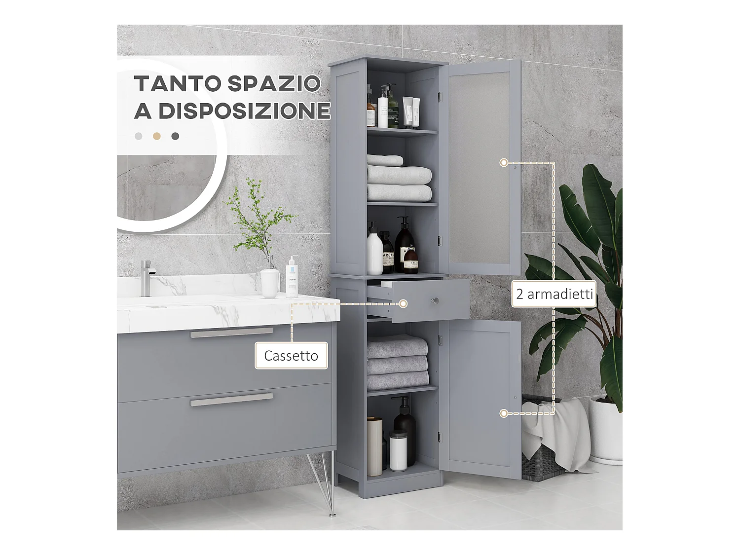 Mobile colonna bagno salvaspazio 40x27x171.5cm in mdf grigio