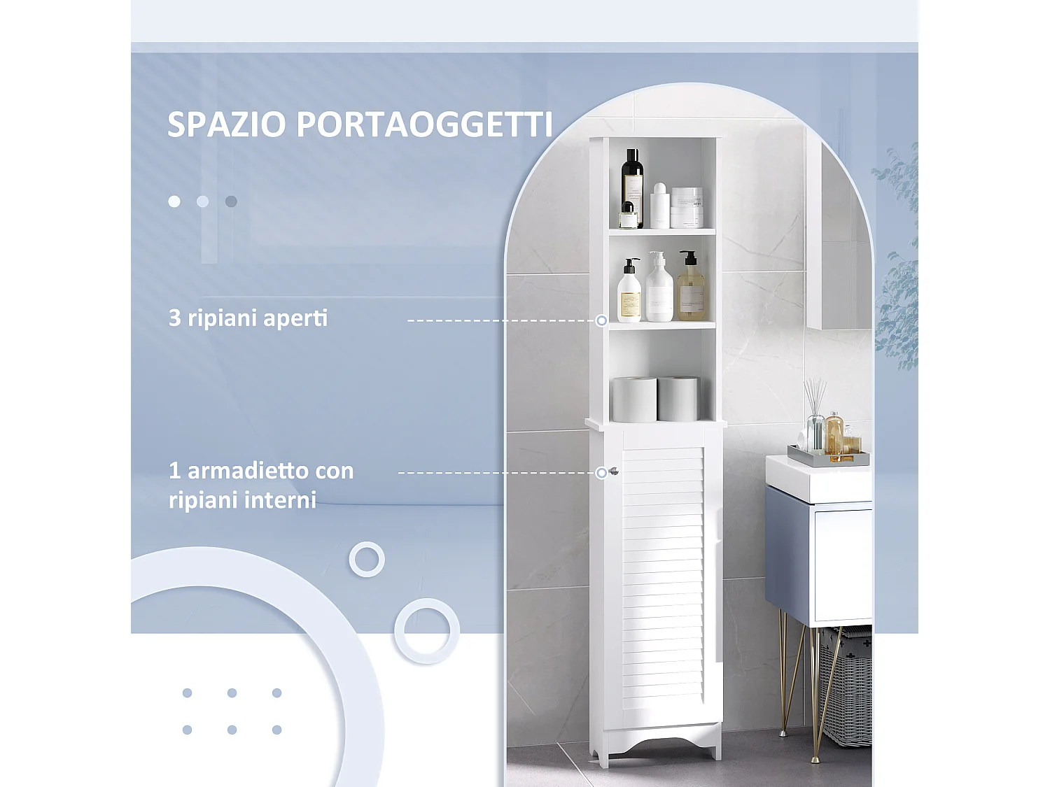 Colonna bagno con ripiano a 3 livelli e armadietto in mdf e truciolato