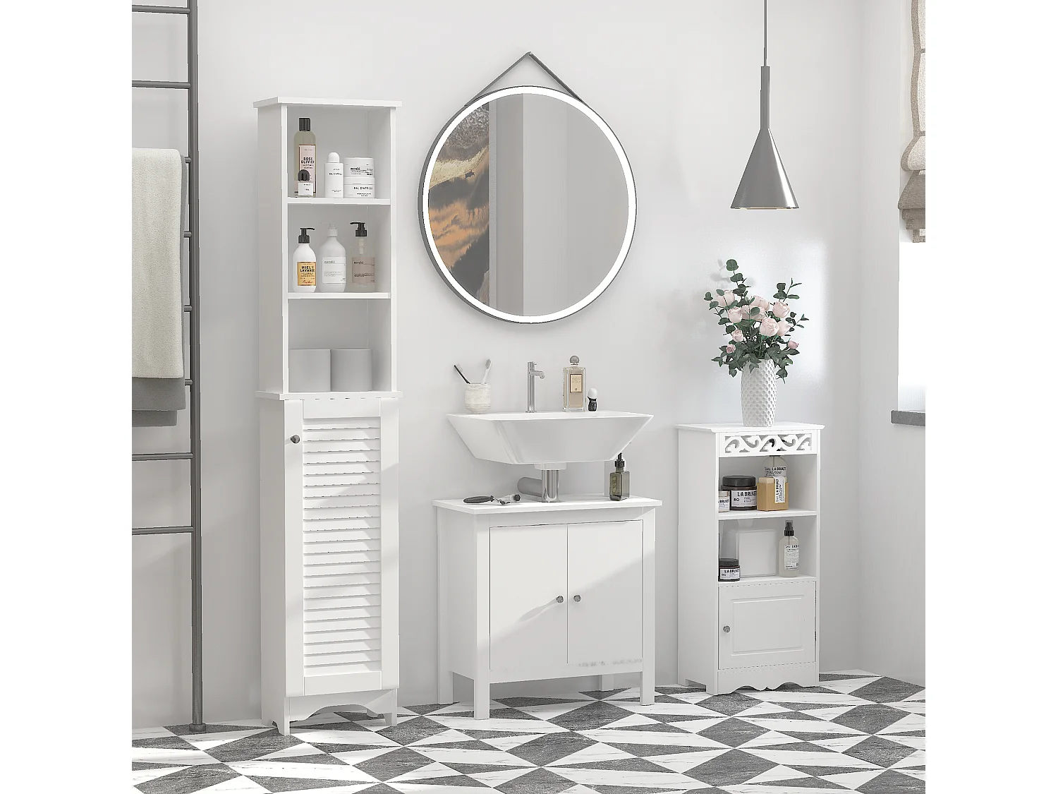 Colonna bagno con ripiano a 3 livelli e armadietto in mdf e truciolato