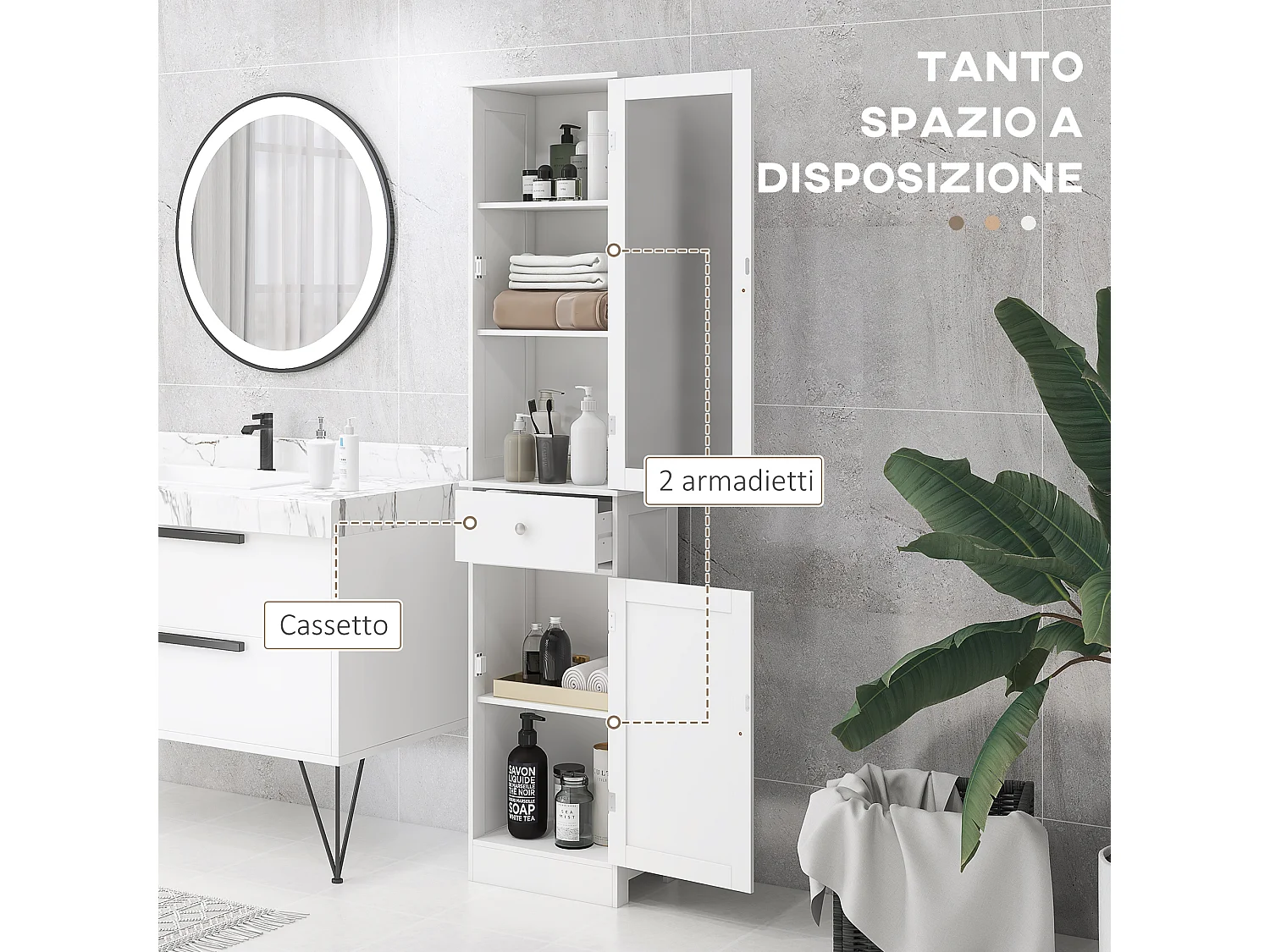 Mobile colonna bagno salvaspazio 40x27x171.5cm in mdf bianco