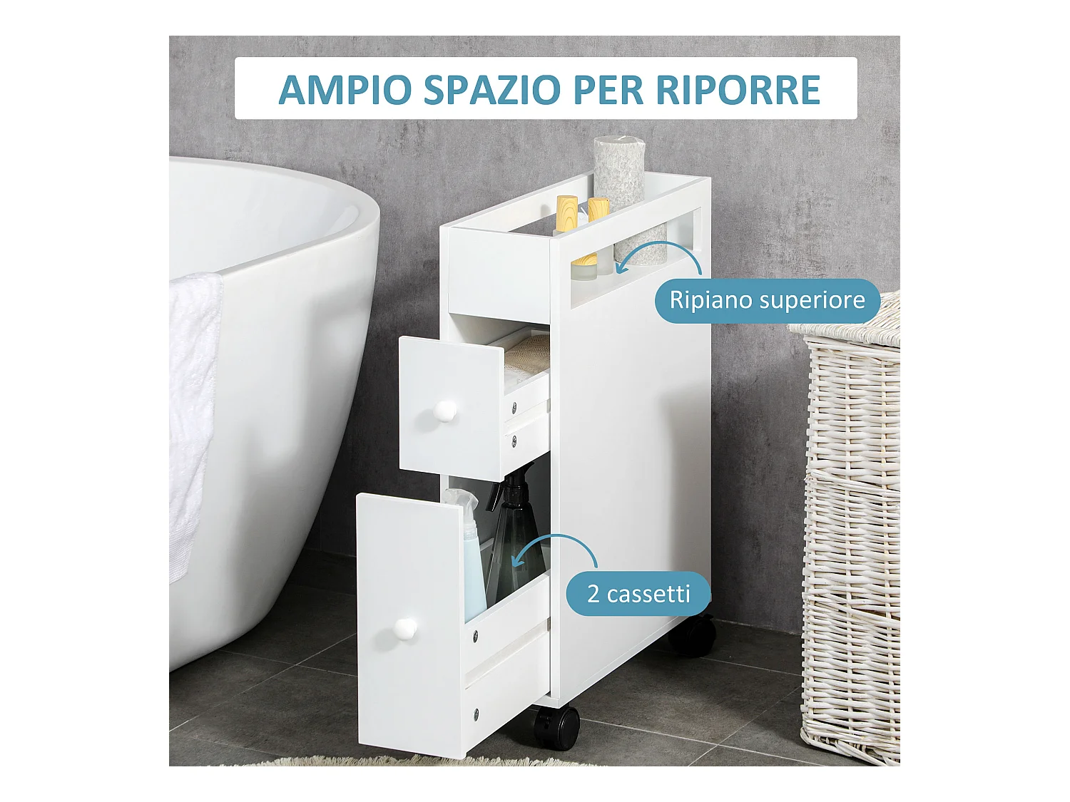 Mobiletto salvaspazio bagno con 4 ruote 16x49.5x66cm bianco
