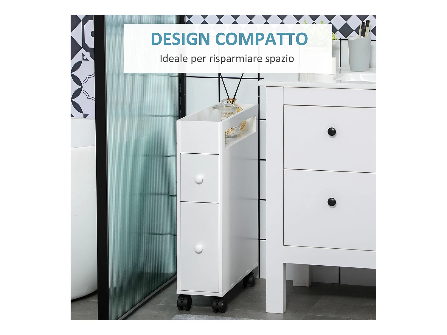 Mobiletto salvaspazio bagno con 4 ruote 16x49.5x66cm bianco