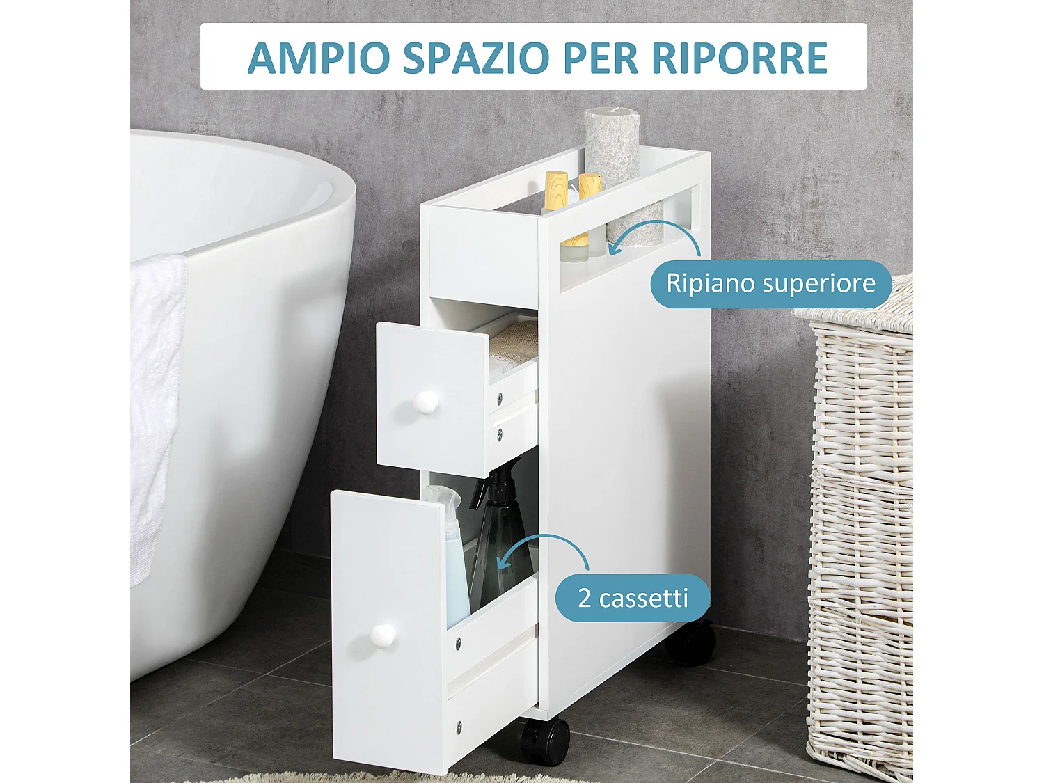 Mobiletto salvaspazio bagno con 4 ruote 16x49.5x66cm bianco