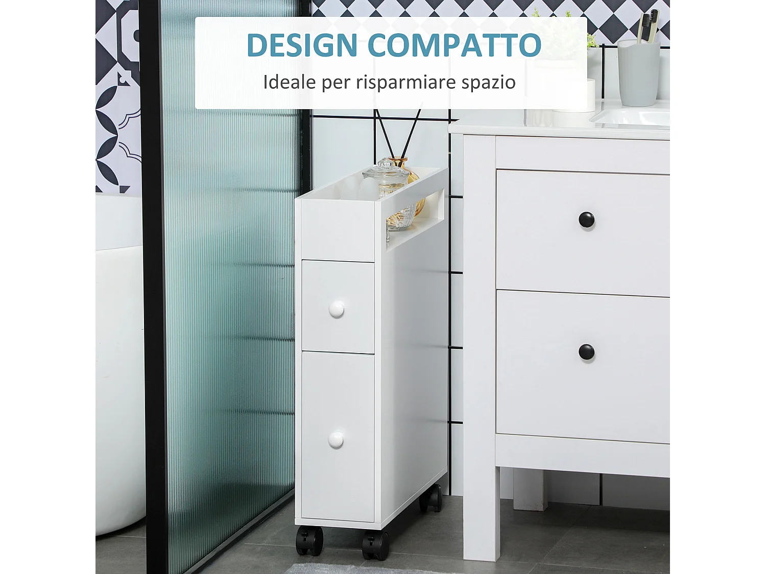 Mobiletto salvaspazio bagno con 4 ruote 16x49.5x66cm bianco