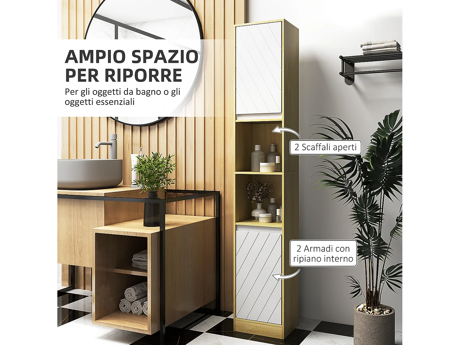 Colonna bagno con 2 armadietti e ripiani in legno rovere e bianco