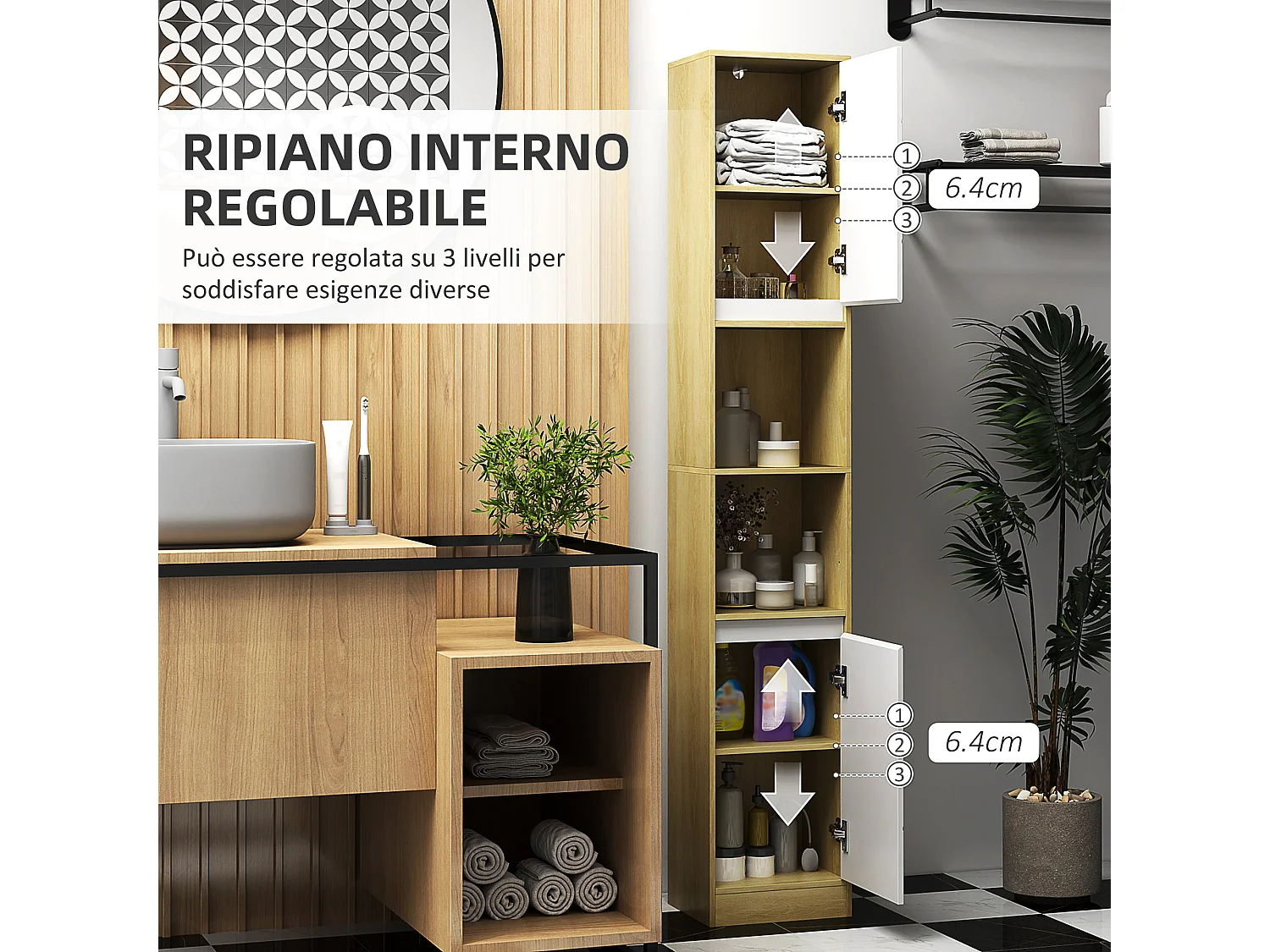 Colonna bagno con 2 armadietti e ripiani in legno rovere e bianco