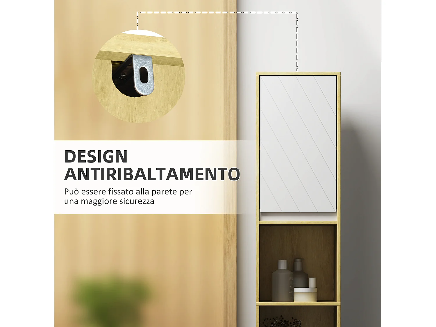 Colonna bagno con 2 armadietti e ripiani in legno rovere e bianco