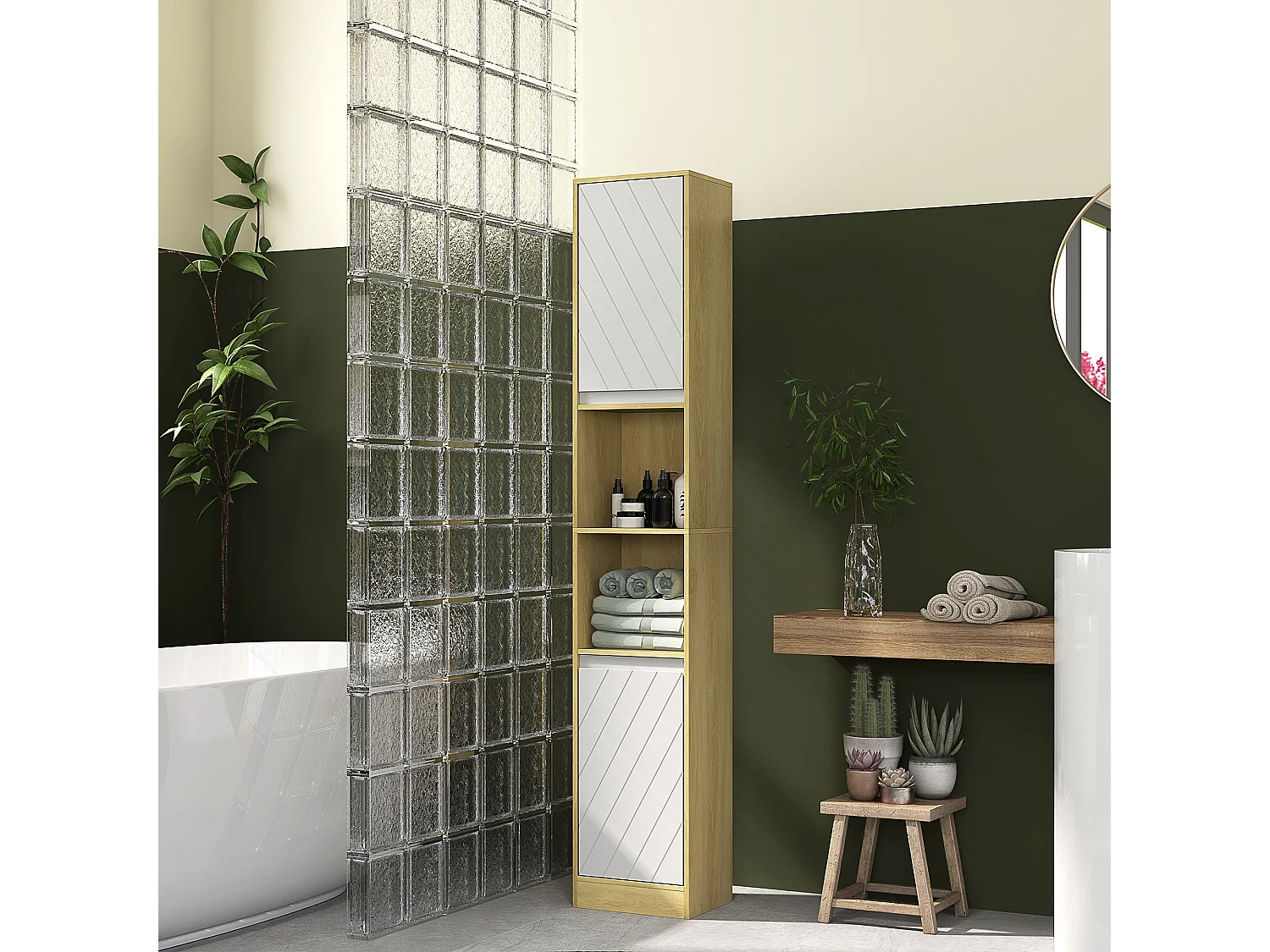 Colonna bagno con 2 armadietti e ripiani in legno rovere e bianco