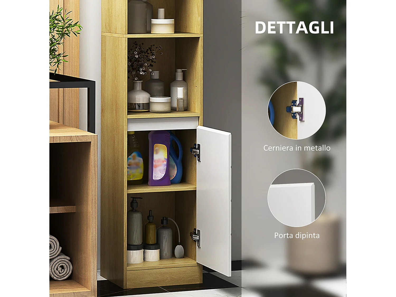 Colonna bagno con 2 armadietti e ripiani in legno rovere e bianco