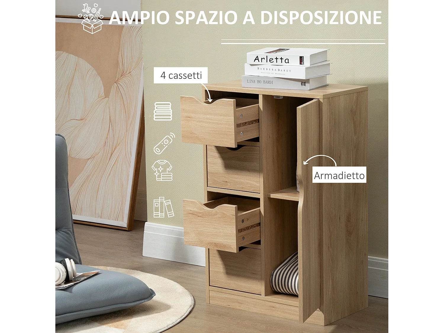 Mobile bagno a 4 cassetti e armadietto 2 livelli in truciolato