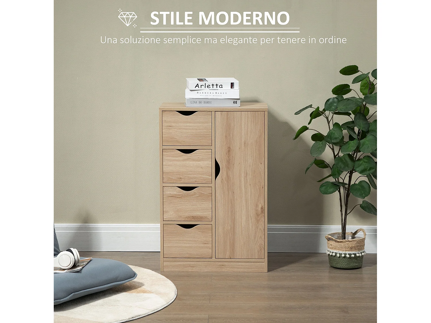 Mobile bagno a 4 cassetti e armadietto 2 livelli in truciolato