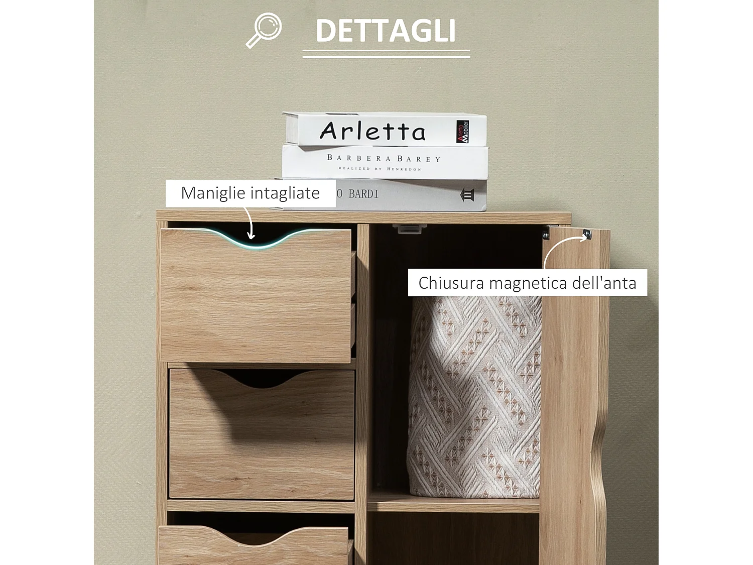 Mobile bagno a 4 cassetti e armadietto 2 livelli in truciolato