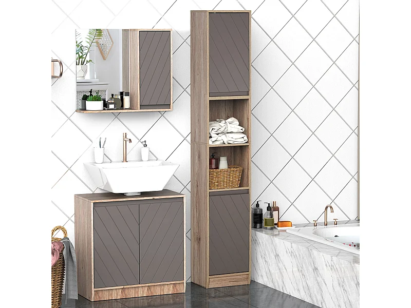 Scaffale salvaspazio per bagno in legno con 2 armadietti e 6 ripiani