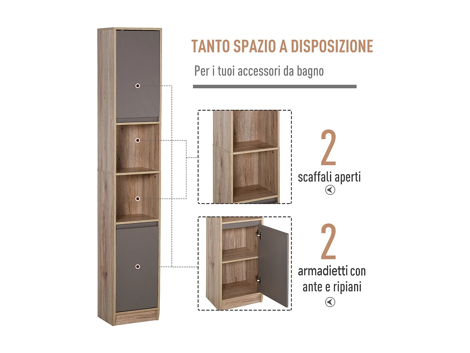 Scaffale salvaspazio per bagno in legno con 2 armadietti e 6 ripiani