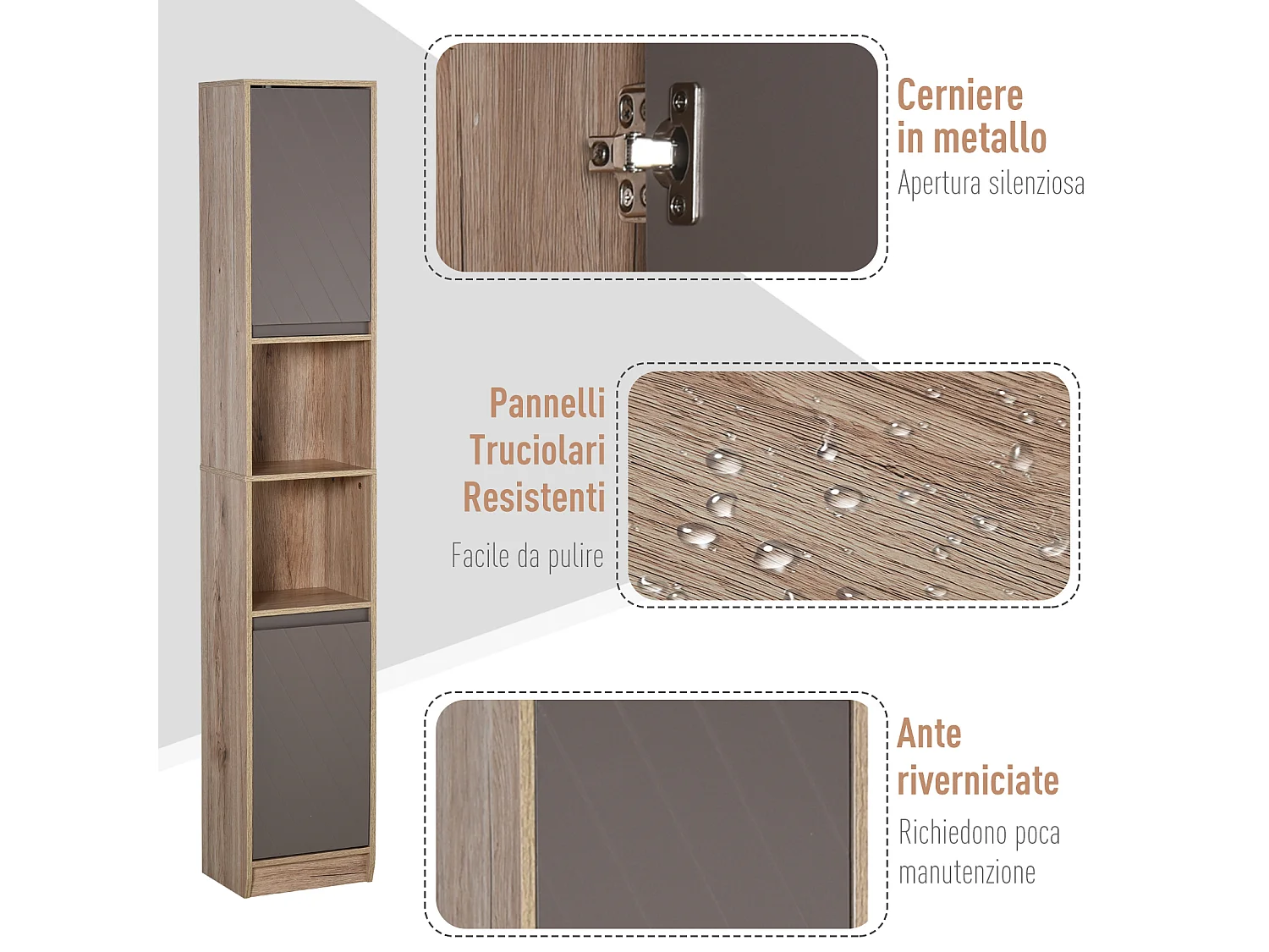 Scaffale salvaspazio per bagno in legno con 2 armadietti e 6 ripiani