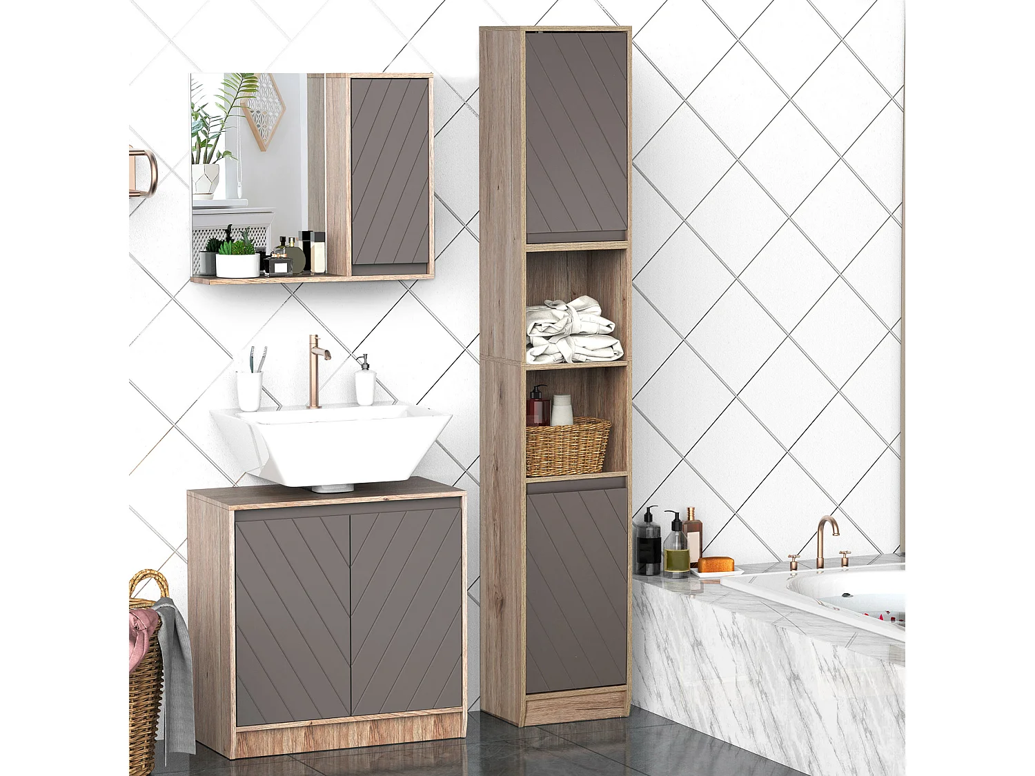 Scaffale salvaspazio per bagno in legno con 2 armadietti e 6 ripiani